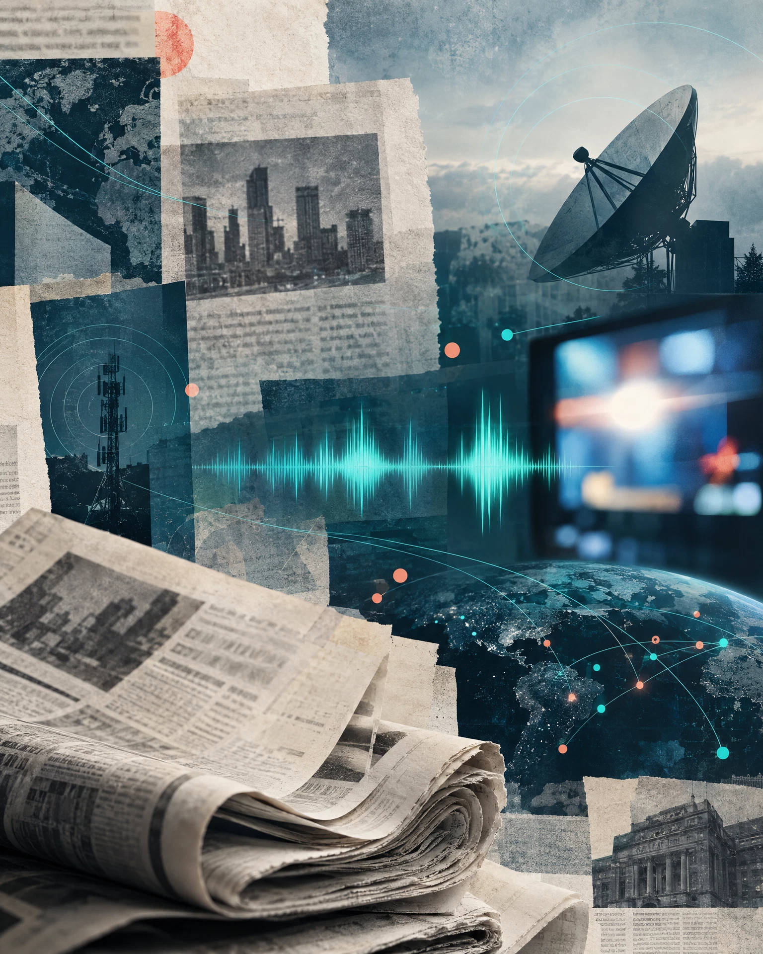 Abstract collage of print, broadcast, online, and social media signals